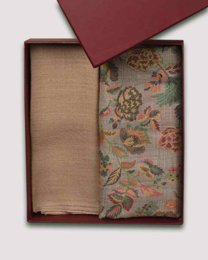 Beige Fine Wool Kani Stole & Beige Diamond Weave Muffler Combo - Timeless & Elegant